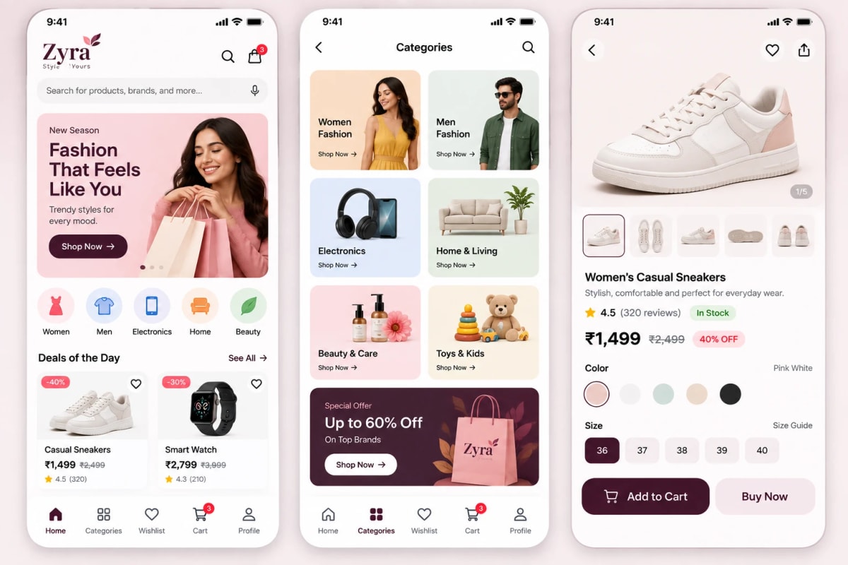 Zyra fashion app with categories, deals, size, and buy now