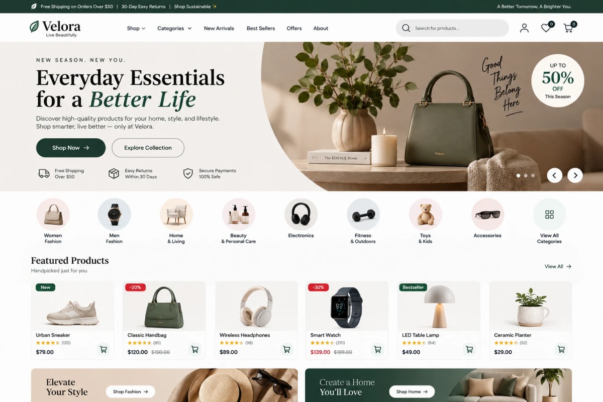 Velora lifestyle store with categories, featured products, and shop now