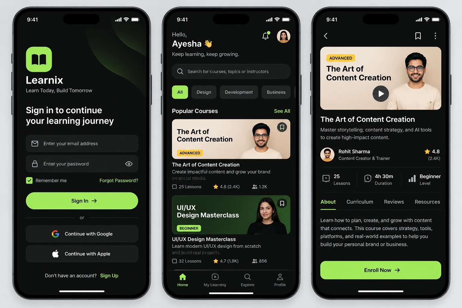 Learnix app with sign in, popular courses, and Enroll Now