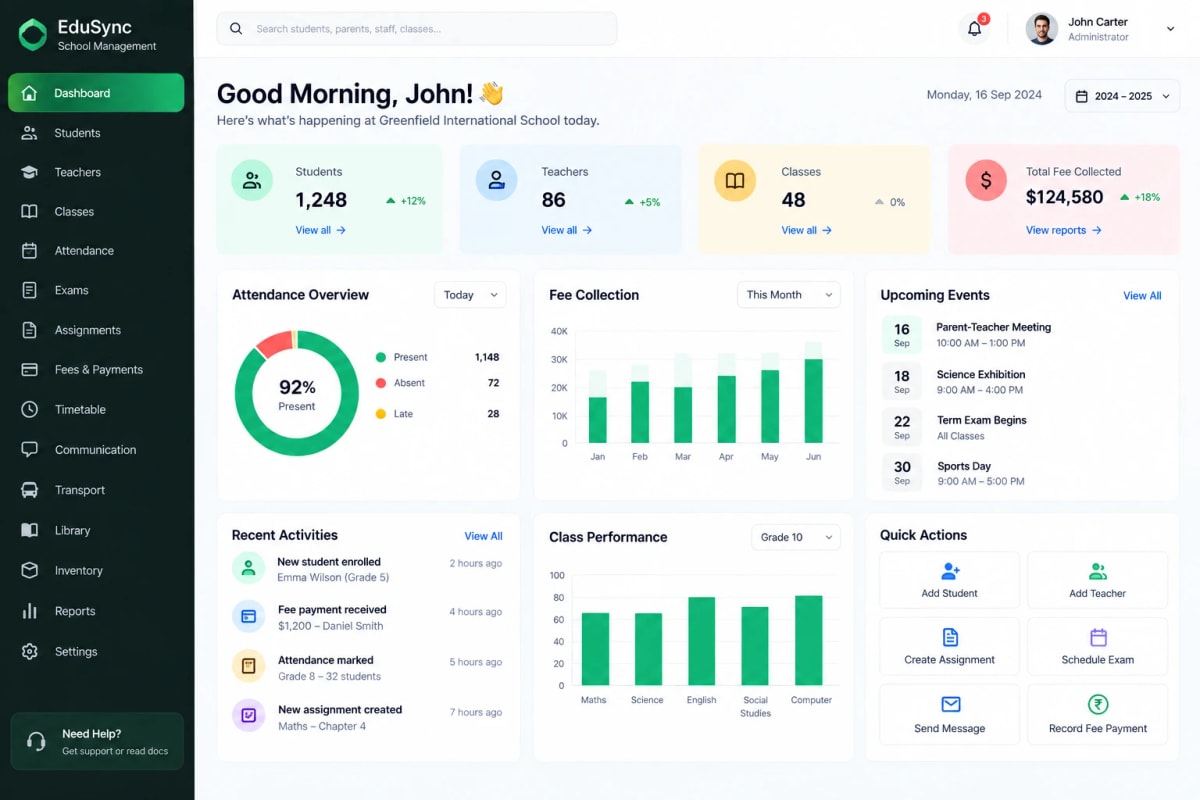 EduSync school CRM with students, attendance, and fees
