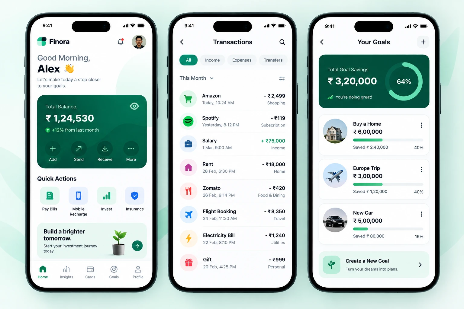 Finora app with balance, transactions, and savings goals