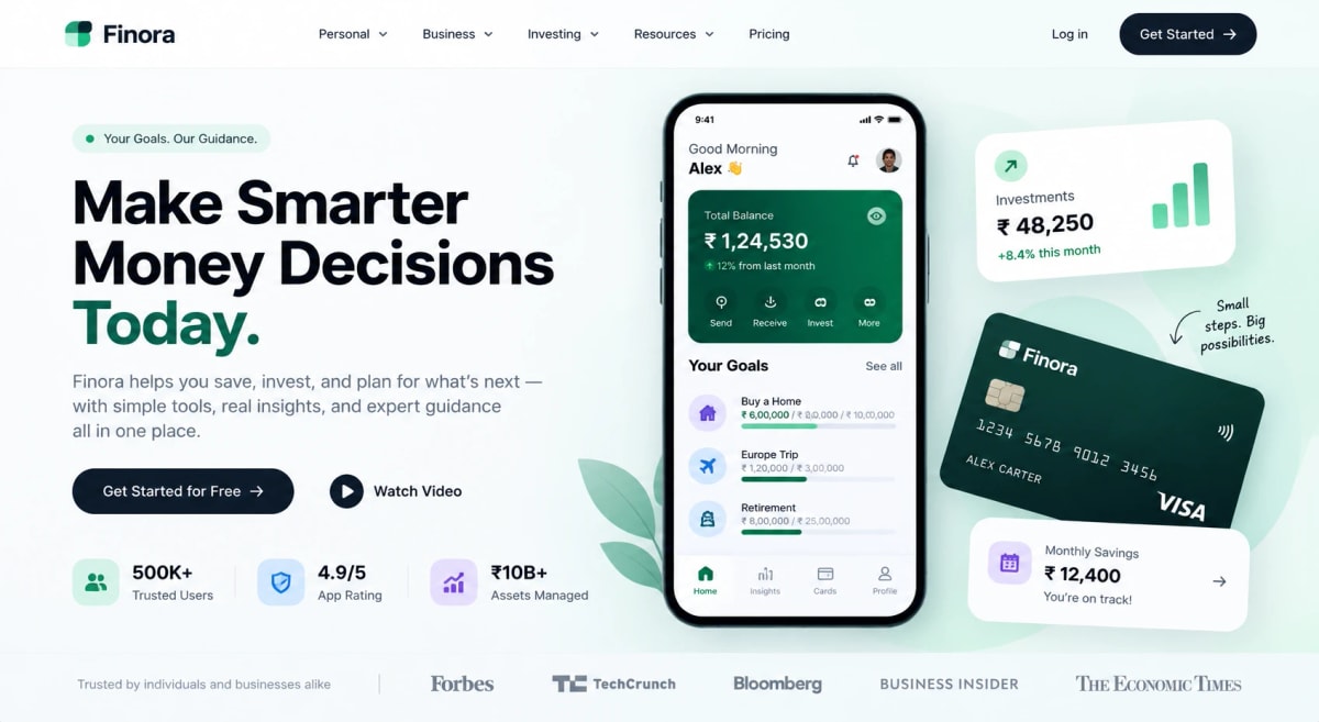Finora website with Get Started, goals, and a Visa card