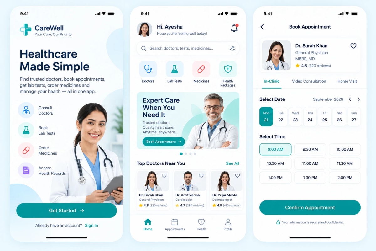 CareWell app with doctors, lab tests, and book appointment