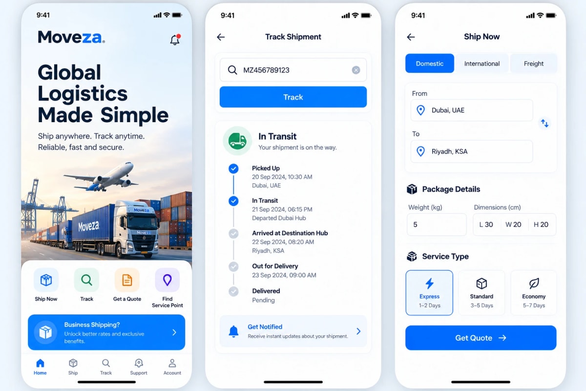 Moveza app with ship now, track timeline, and get quote