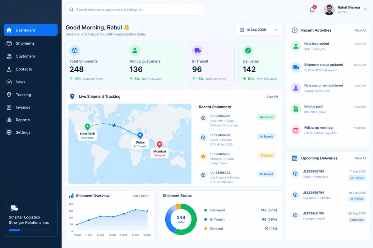 Logistics CRM with live shipment map, delayed loads, and invoices