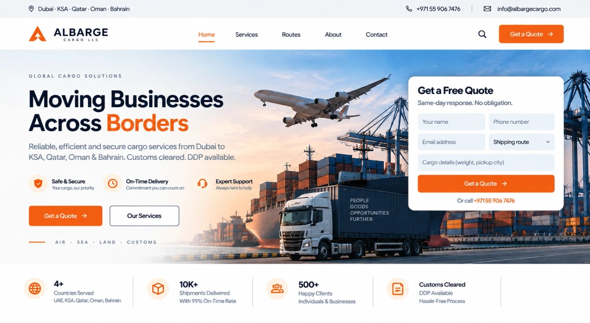 Albarge Cargo website with quote form for air, sea, land, and customs