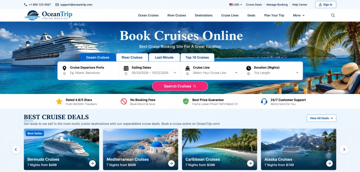 OceanTrip cruise site with Search Cruises and Best Cruise Deals