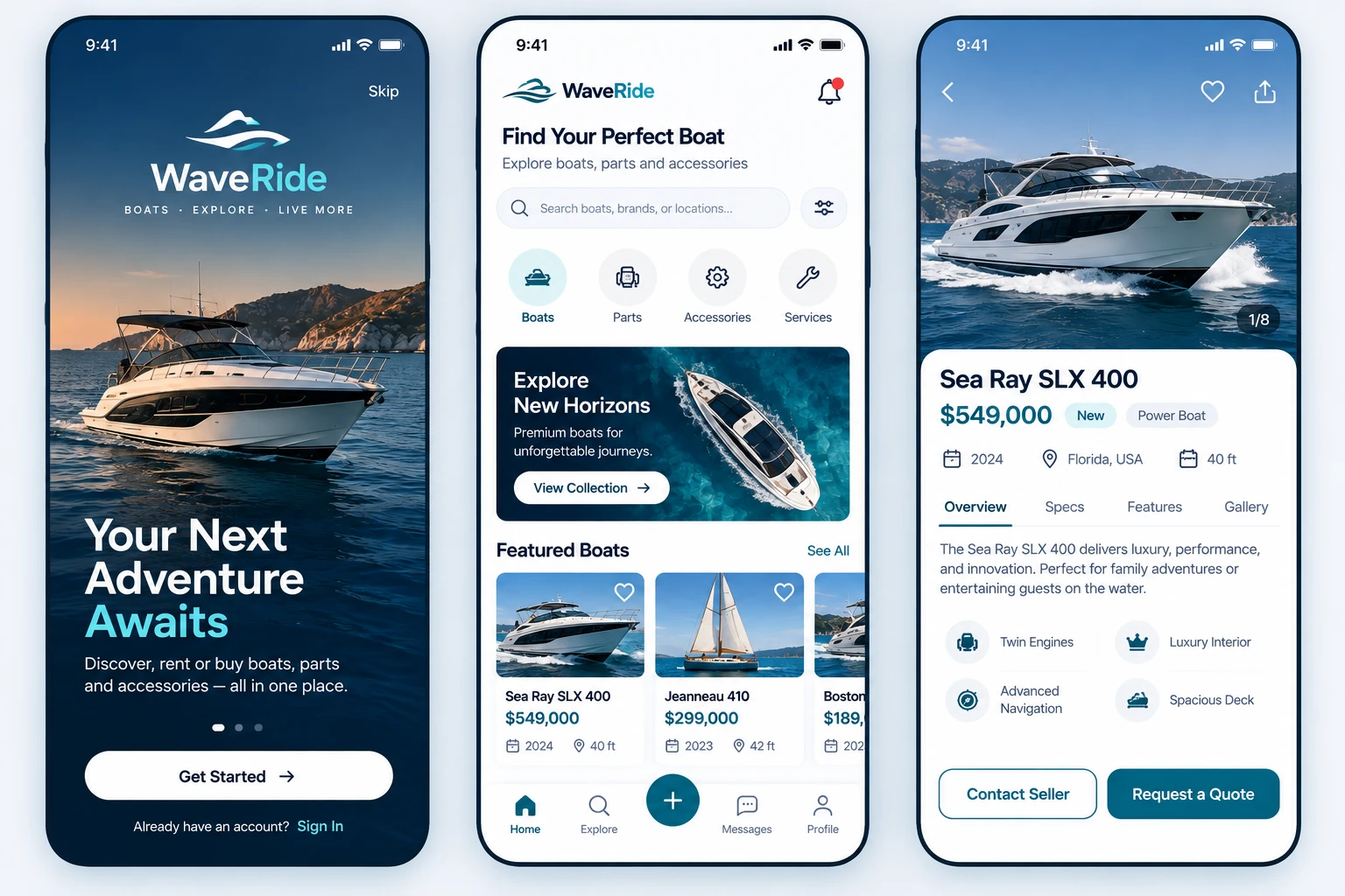WaveRide app with boat search, featured listings, and contact seller