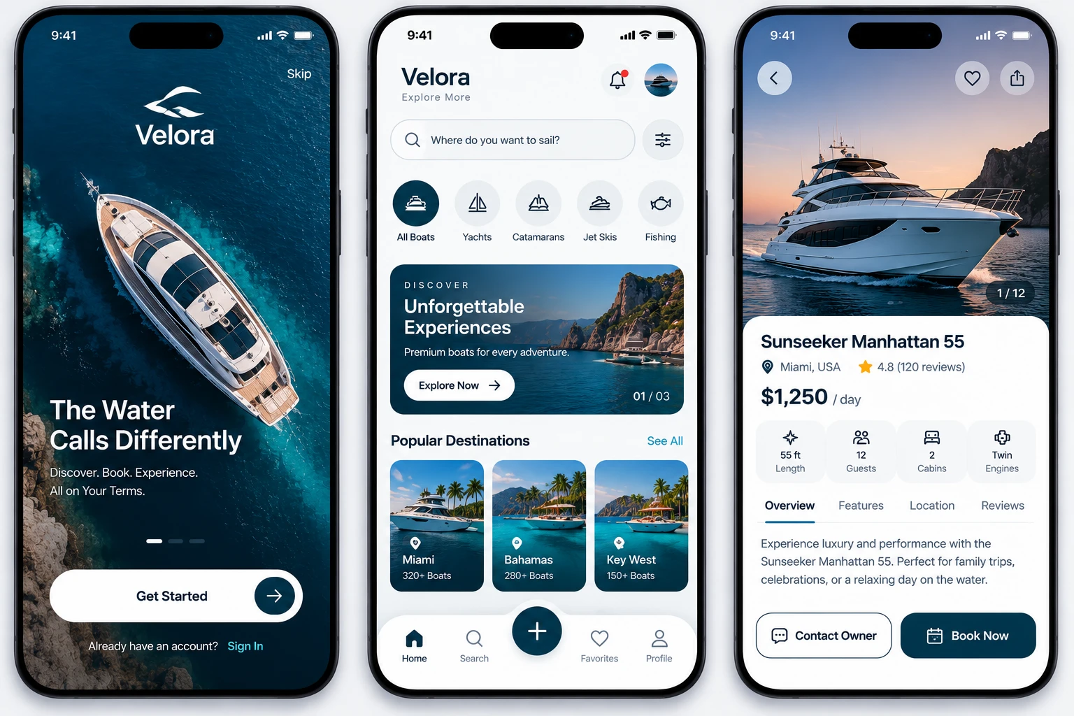 Velora charter app with destinations and daily hire booking