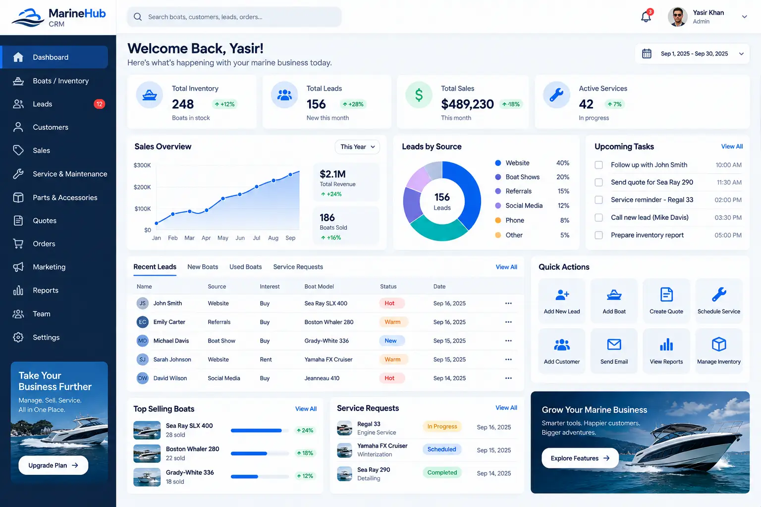 MarineHub CRM with inventory, leads, quotes, and service requests