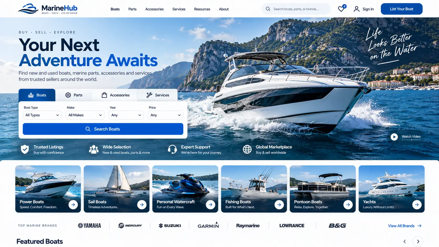 MarineHub boat marketplace with type, make, year, and price search
