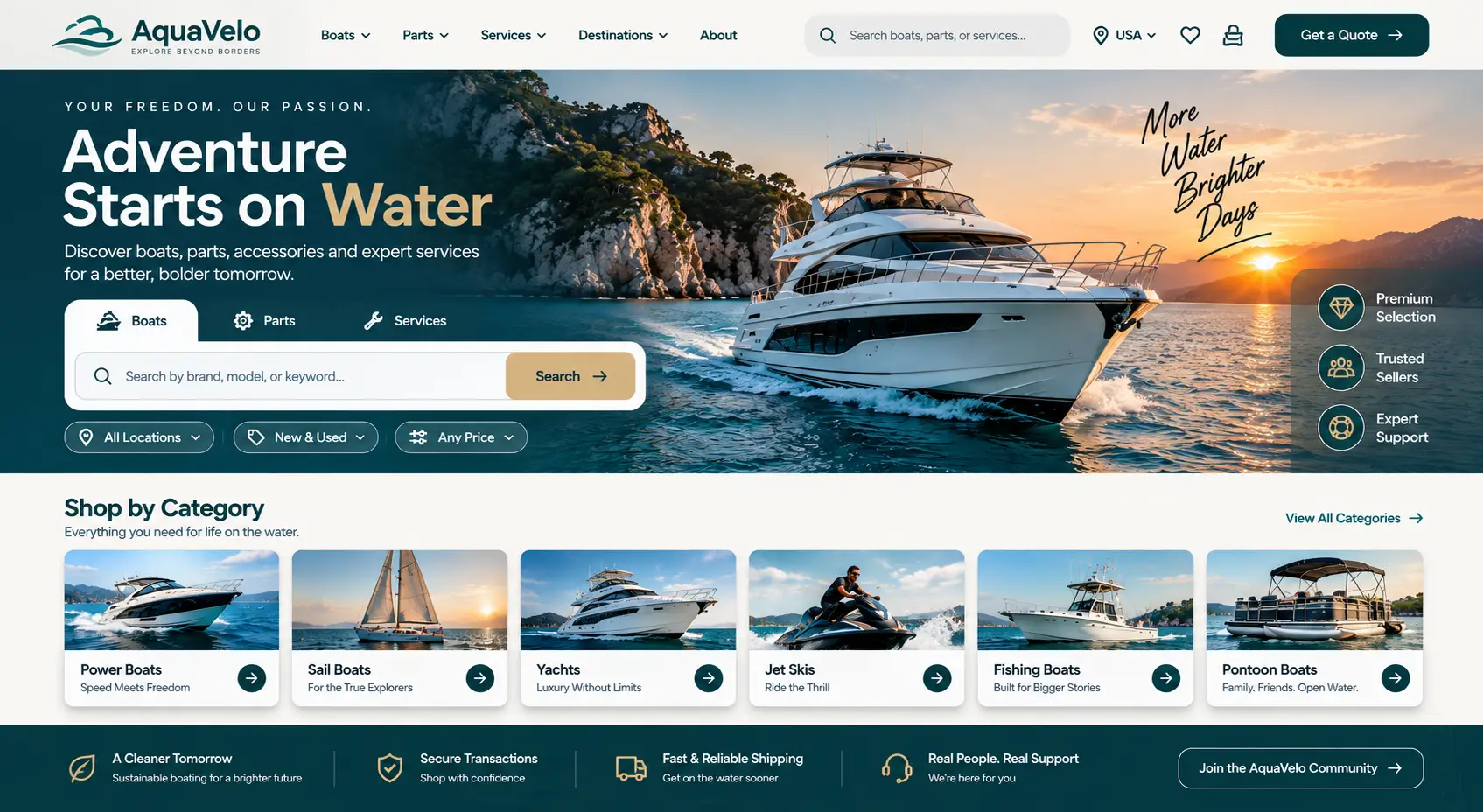 AquaVelo marine shop with boats, parts, services, and destinations